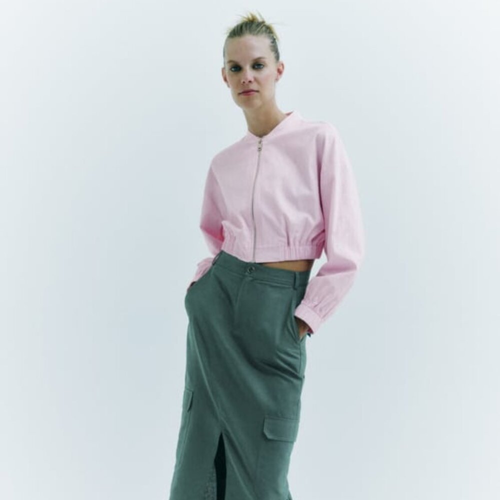 Zara- CROPPED LINEN BLEND BOMBER - PASTEL PINK
